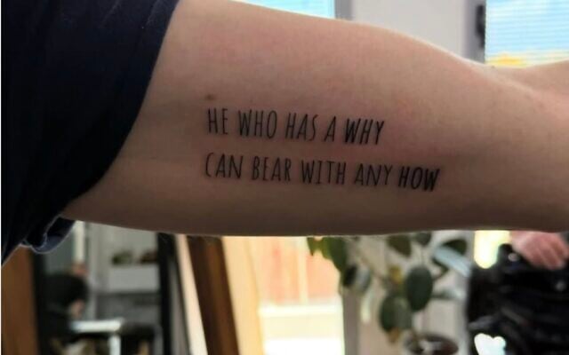 Freed hostage Or Levy's arm in an image posted by him on March 19, 2025, with a fresh tattoo of a quote cited by fellow hostage Hersh Goldberg-Polin, who was later murdered in captivity. (Courtesy)